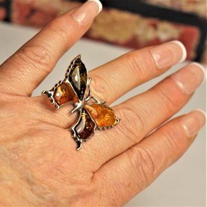 BALTIC AMBER STERLING BUTTERFLY RING SIZE 7.75 GIFT FOR WOMEN